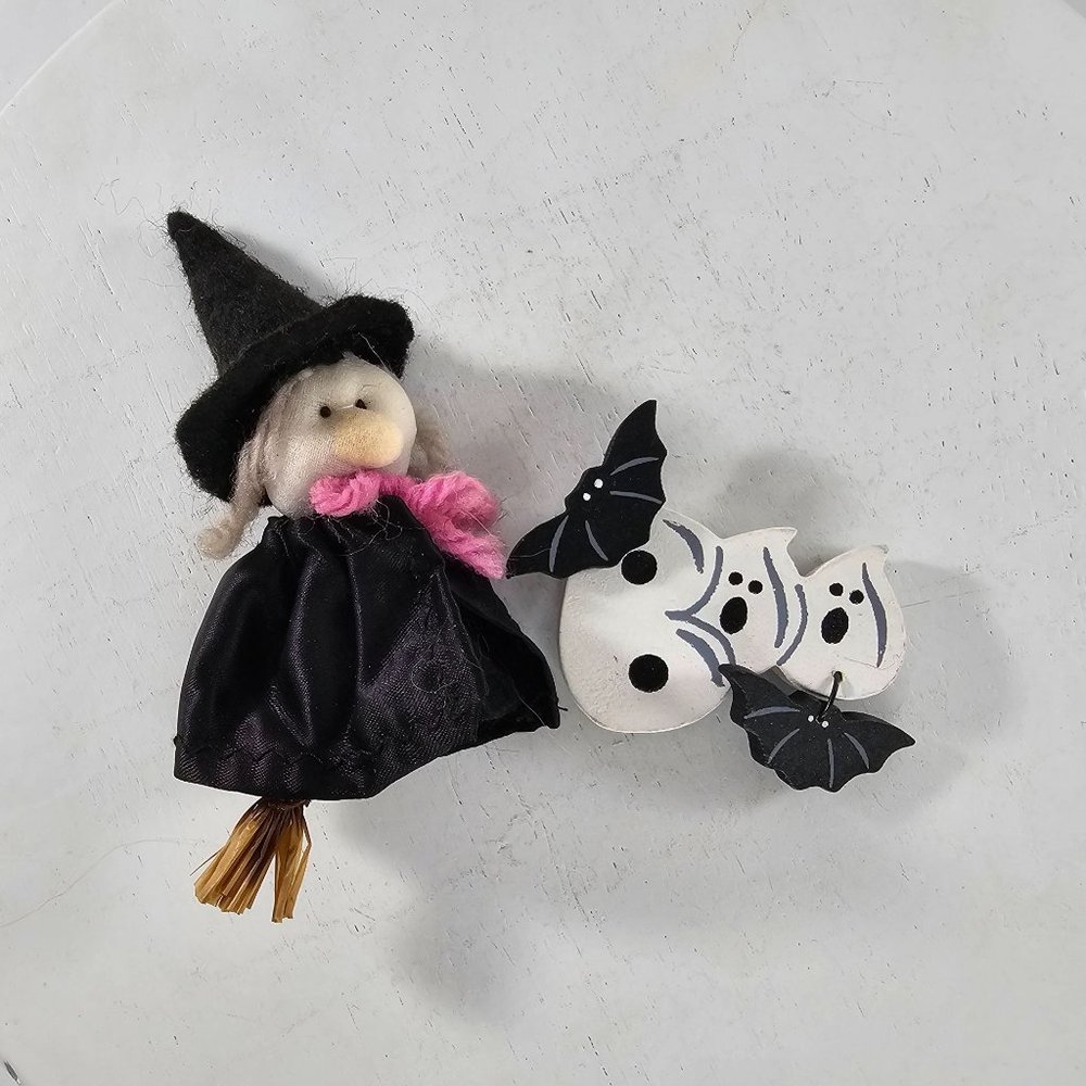 Vintage Handmade Halloween Magnet Witch Ghost Bat